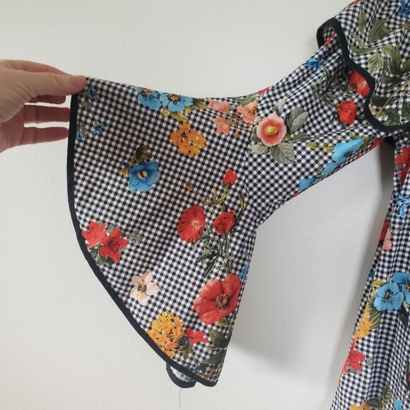 Zara Top Tunic Off Shoulder Bell Sleeves Floral Gingham L Cotton Ruffle - Picture 3 of 7